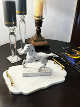 Fatehpore - White Marble Decor/ Serving Tray with Golden Handles